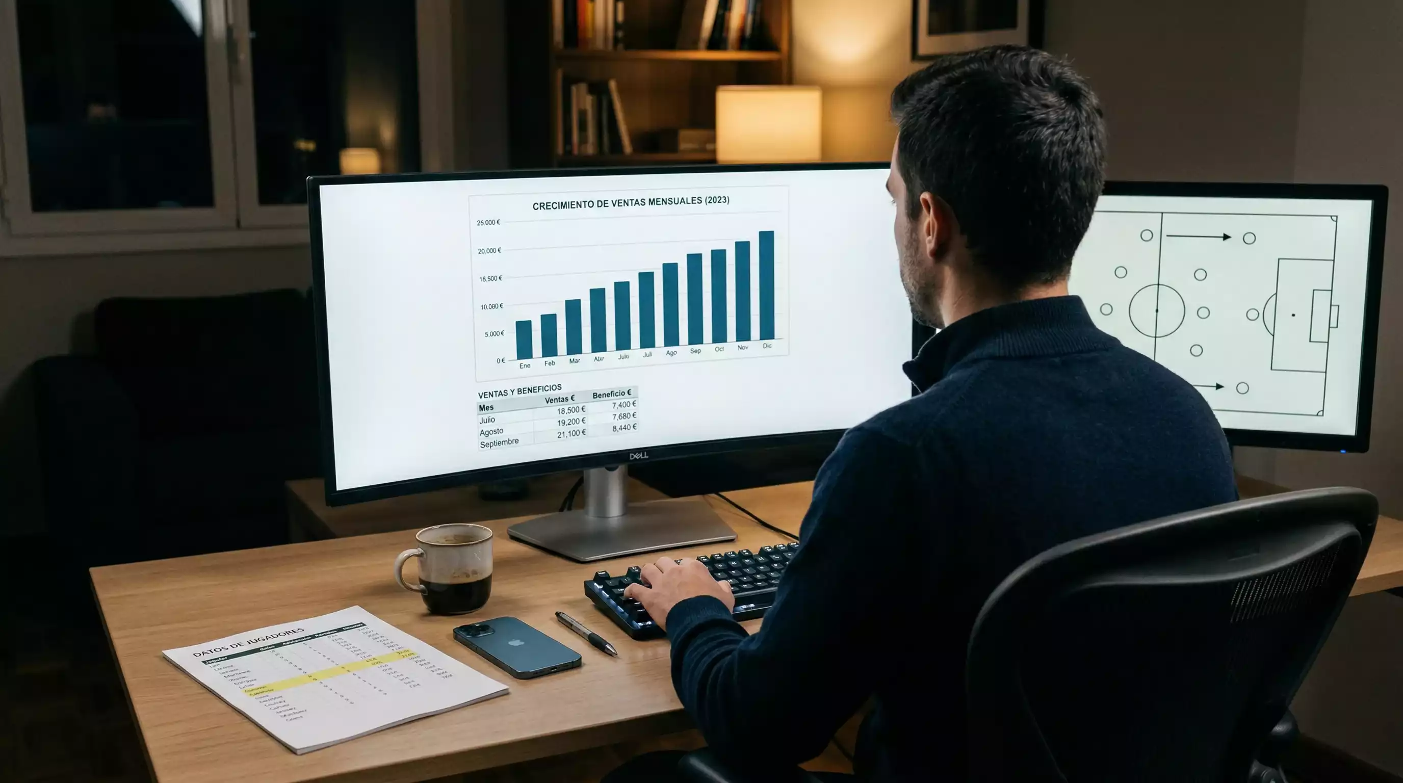 Analista revisando estadísticas de fútbol en una pantalla con gráficos de rendimiento