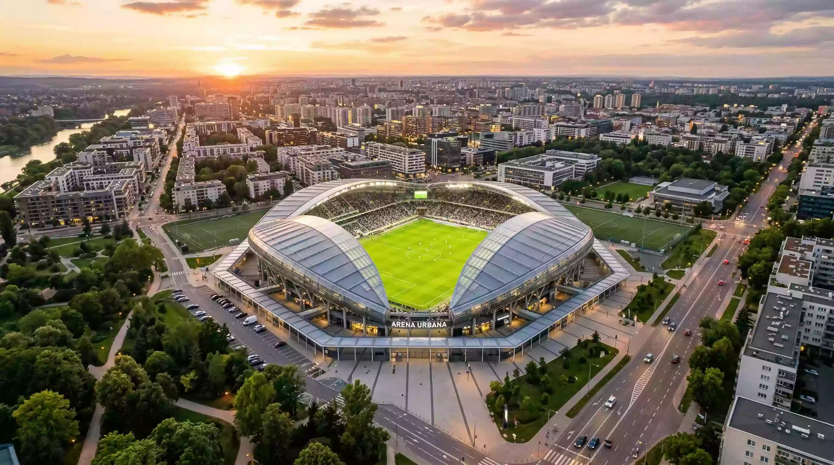 Vista aérea de un estadio de la Bundesliga con el contexto urbano y financiero de la liga alemana